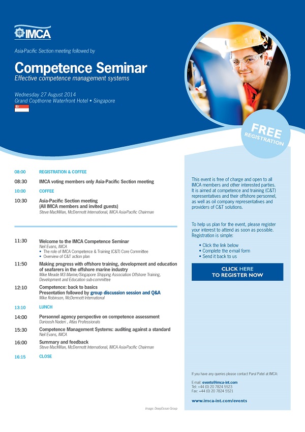 IMCA’s Asia-Pacific Section Meeting & Competence Seminar in Singapore 27th Aug 2014